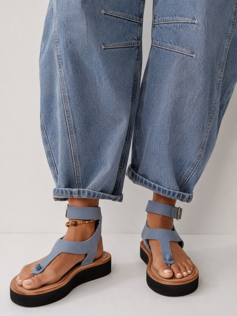 Free People Blue Leather Platform Toe-Loop Sandals